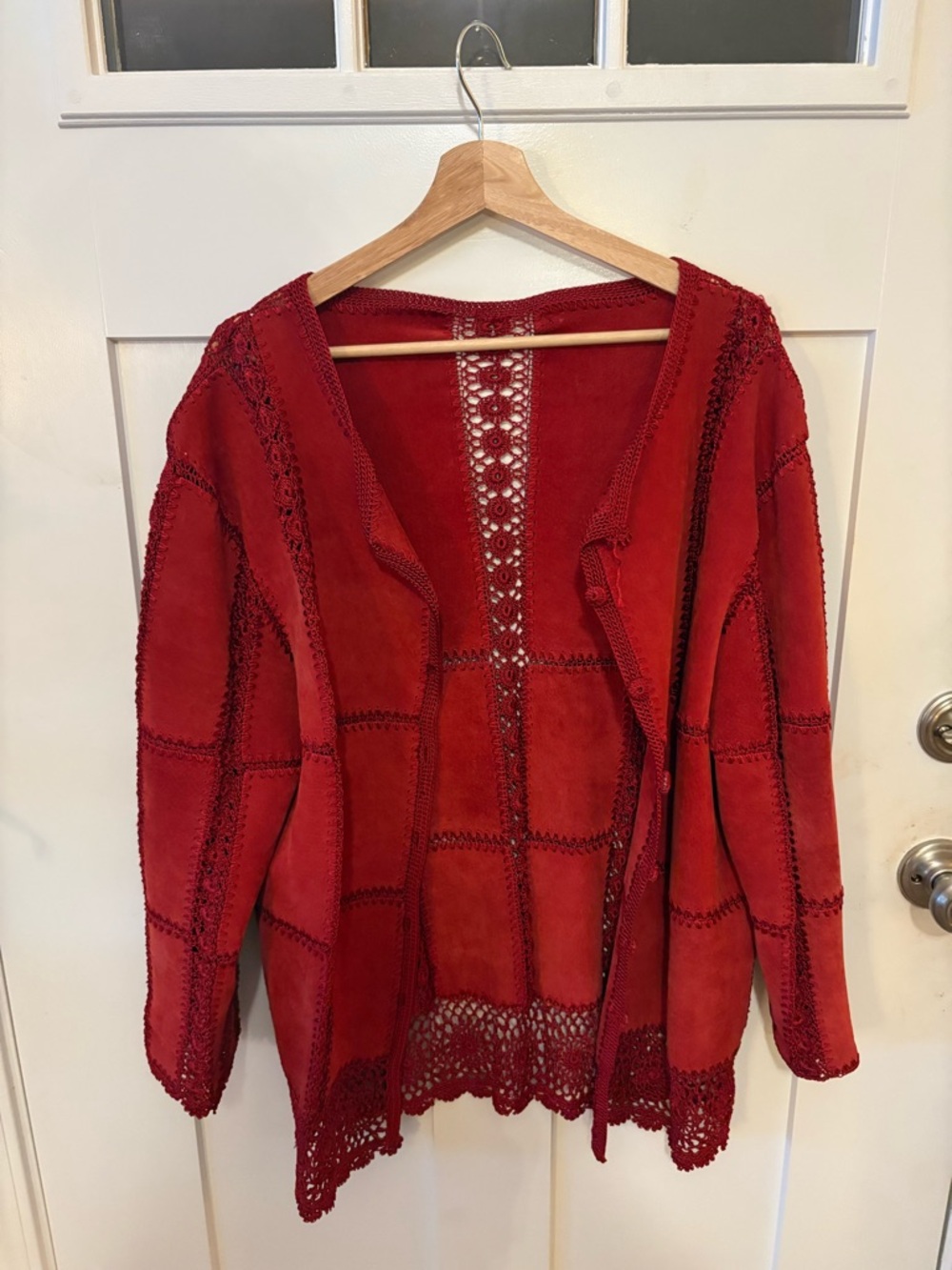 Source Unknown Red Crochet Trim Patchwork Cardigan